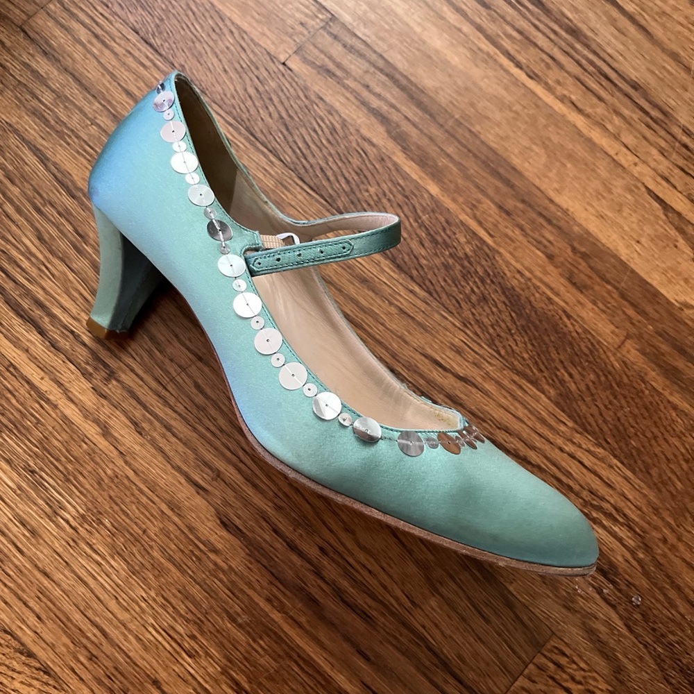 Marc Jacobs Satin Mint w/ Silver Sparkles Mary Jane Janes Pumps Heels - Picture 8 of 8